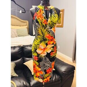 Cache, Stunning! Dress Women M Mid Length Body Con Tropical Stretch Made in USA